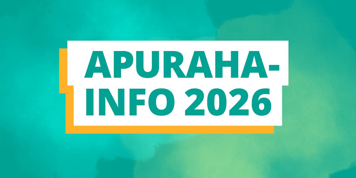 Turkoosi teksti valkoisella pohjalla ja turkoosilla taustalla "Apurahainfo 2026"
