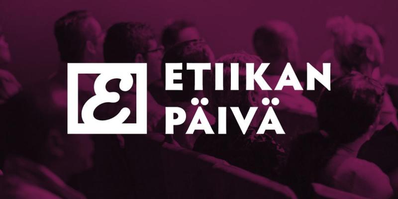 Kuvituskuvassa taustalla tapahtumayleisöä seuraamassa luentoa. Kuvan etuosassa teksti: Etiikan päivä.