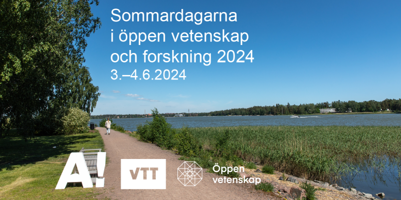 Illustrationsbilden för evenemanget visar en stig vid vattenkanten. Arrangörernas logotyper har lagts till tillsammans med texten: Öppen vetenskap och forskning sommardagarna 2024. 3–4.6.2024.