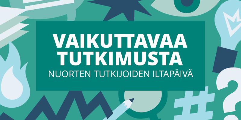 Teksti: Vaikuttavaa tutkimusta - nuorten tutkijoiden iltapäivä. Piirroskuvituksena suurennuslasi, liekki, hashtag-symboli, silmä ja kysymysmerkki. 