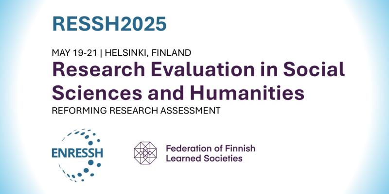 Kuvituskuva, jossa lukee RESSH2025. Research evaluation in social sciences and humanities. May 19-21, Helsinki, Finland. ENRESSH:n ja TSV:n logot.