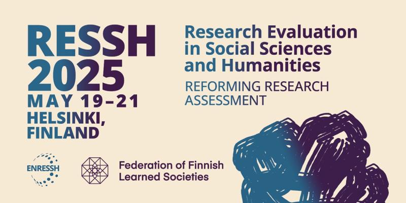 Kuvituskuva, jossa lukee RESSH2025. Research evaluation in social sciences and humanities. May 19-21, Helsinki, Finland. ENRESSH:n ja TSV:n logot.