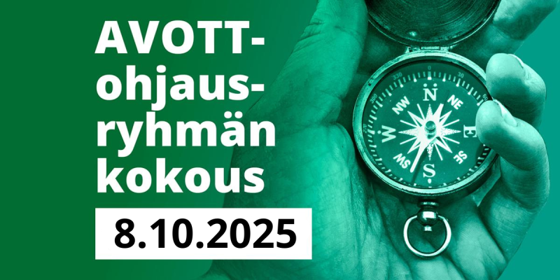 Teksti: avott-ohjausryhmän kokous 8.10.2024. Taustalla kompassia kämmenellään pitävä käsi.