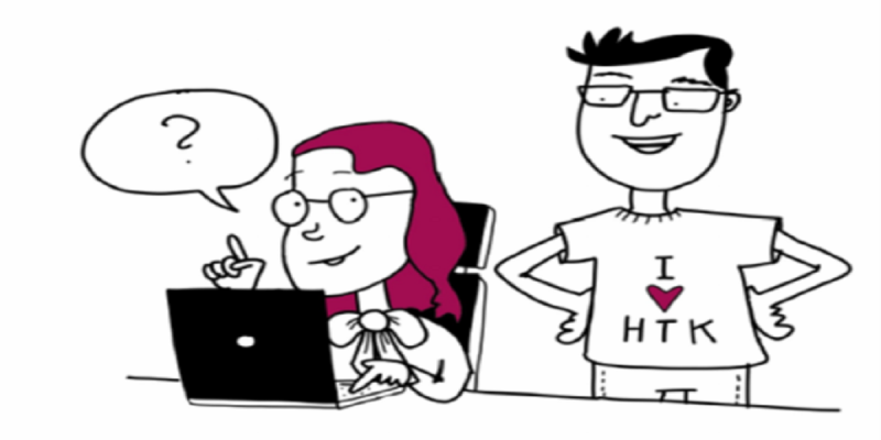 Piirroskuvassa kaksi henkilöä keskustelee tietokoneen ääressä.
