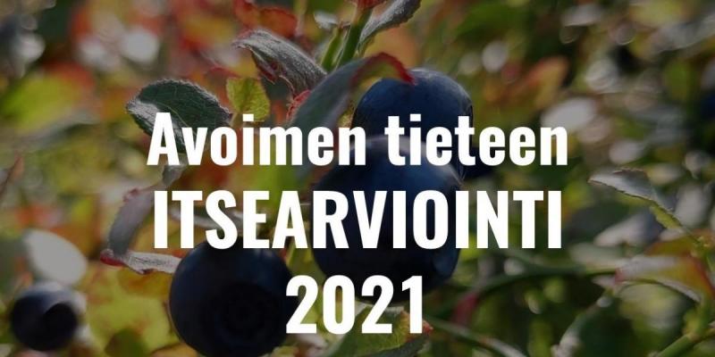 Närbild på blåbärsris, på bilden texten Självutvärdering av öppen vetenskap 2021 på finska.