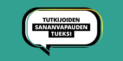 Kuvituskuvassa puhekuplan sisällä teksti: Tutkijoiden sananvapauden tueksi.