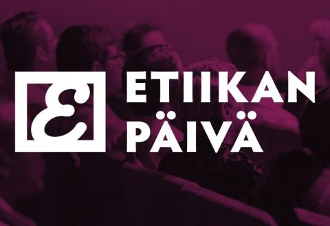 Kuvituskuvassa taustalla tapahtumayleisöä seuraamassa luentoa. Kuvan etuosassa teksti: Etiikan päivä.