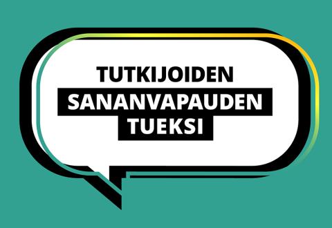 Kuvituskuvassa puhekuplan sisällä teksti: Tutkijoiden sananvapauden tueksi.